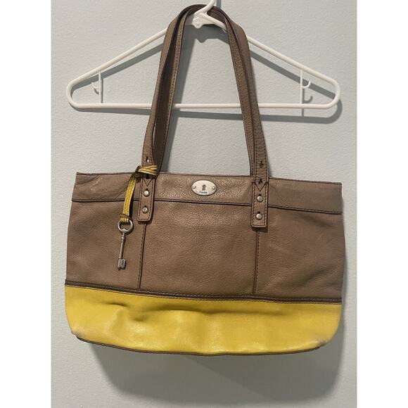 Fossil Women’s Mustard Yellow Brown Leather Tote Key Hole Zip Tote Bag - Picture 1 of 16
